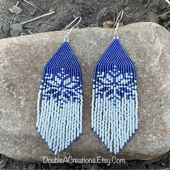 Blue and White Snowflake Beaded Earrings with Fringe, New, Handmade by Me - Picture 1 of 12